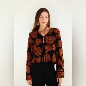 NWT Farm Rio Black Leopard Hearts Front Ties Knit Cardigan